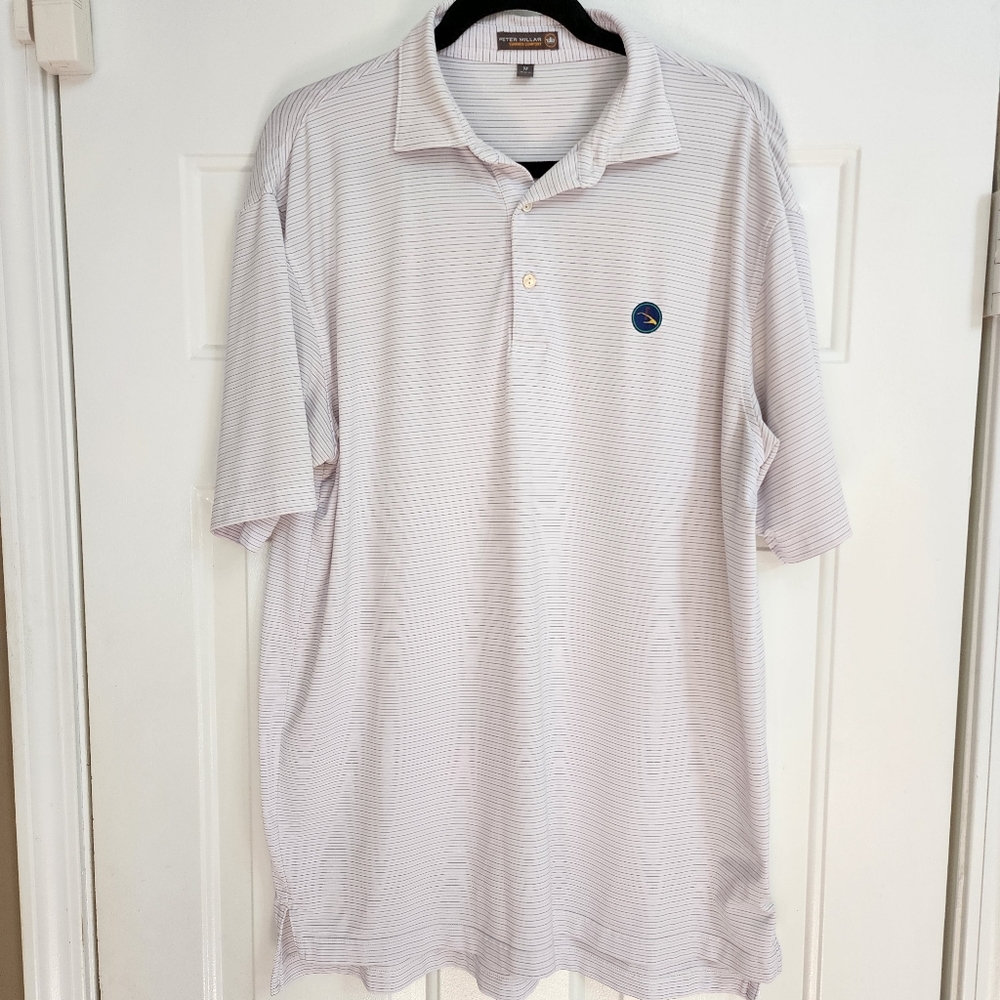 Peter Millar Men's Golf Polo Shirt White with blue & purple pinstripes. Size: M